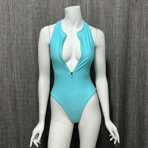 Forever 21 Aqua Racerback Zip Front One Piece Swimsuit Small